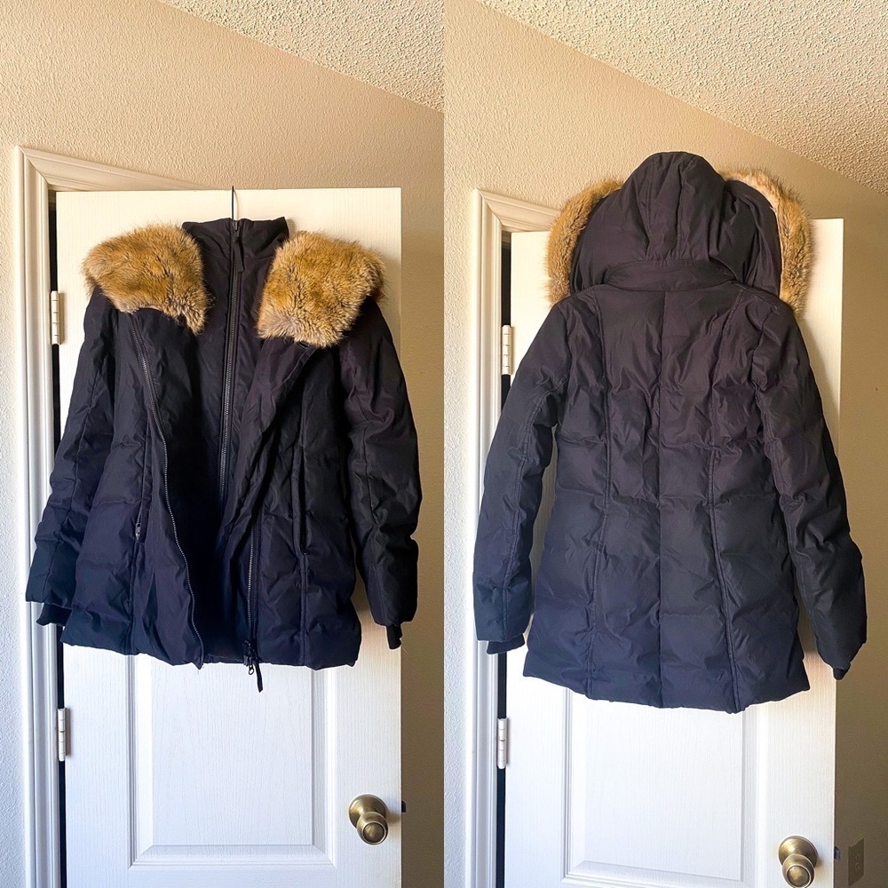 Aritzia Parka Goose Down Asymmetrical Faux Fur Hood Fall Winter Black XXS GUC